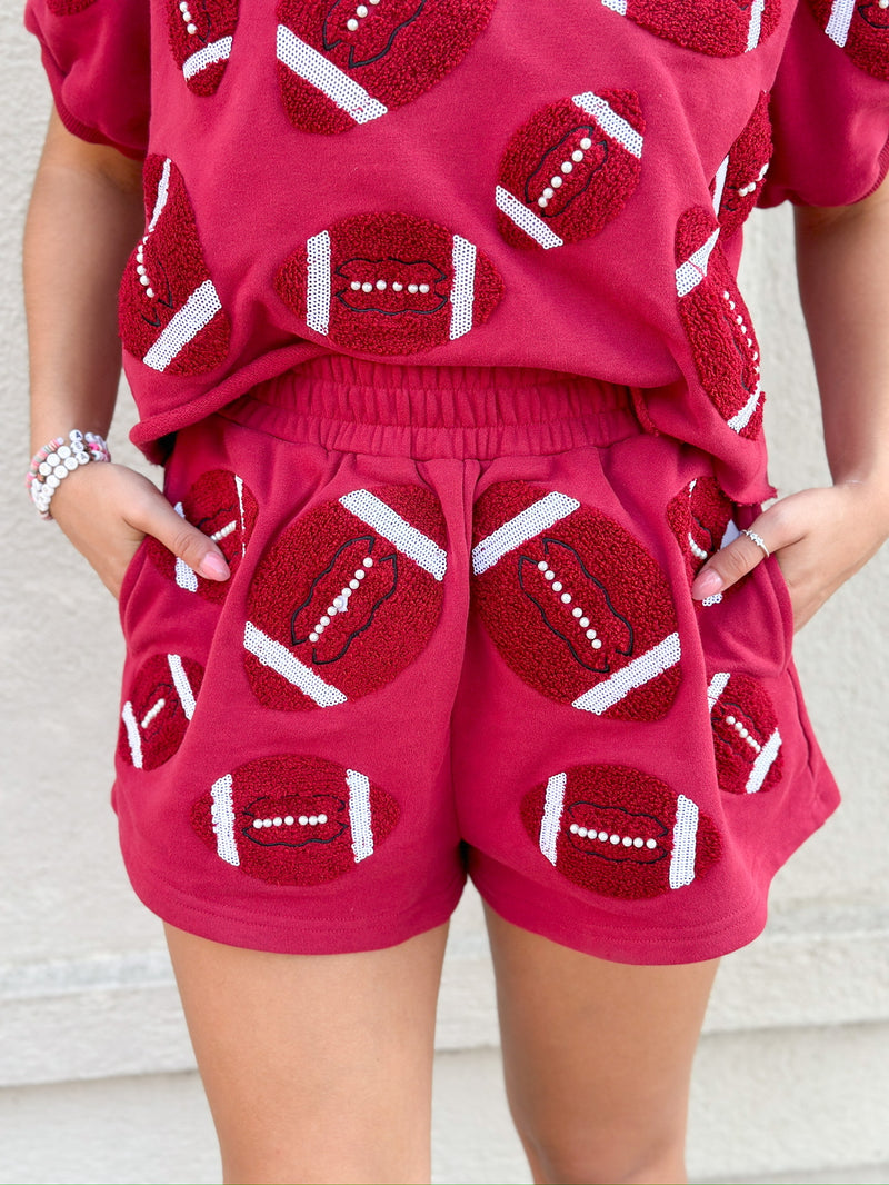 Queen of Sparkles Crimson Fuzzy Football Shorts