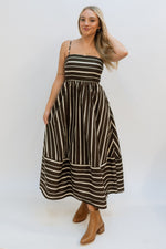 brown and white stripped dress