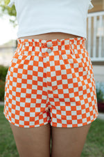 orange and white checkered shorts for game day gameday 