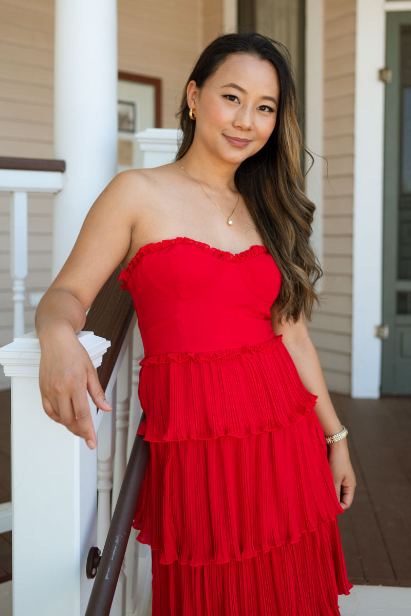 Red Pleated Midi Dress