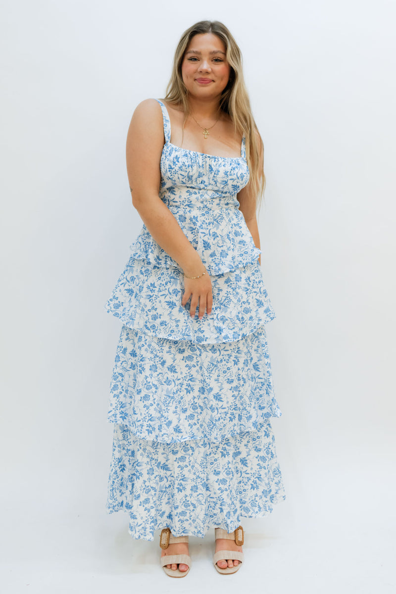 Charleston blue and white floral tiered maxi dress