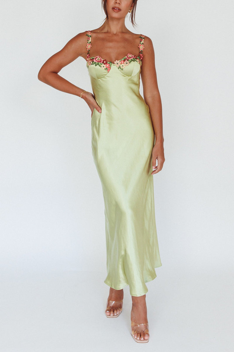 Long Maxi Satin Green Dress with floral embroidery on neckline