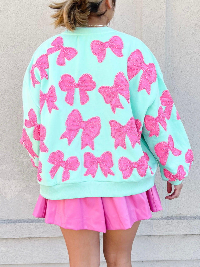 Mint Scattered Pearl Bow Sweatshirt