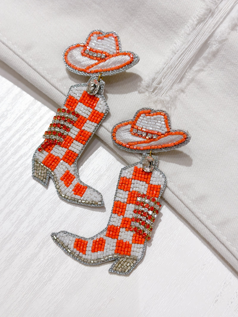 Orange Checkered Boots Earrings