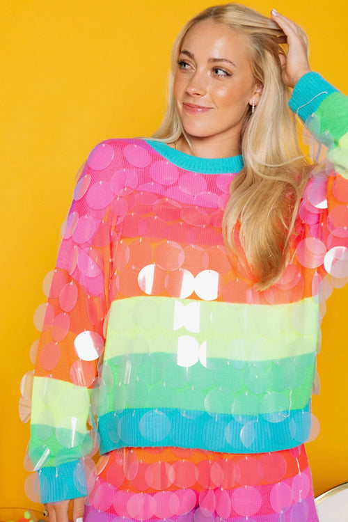 [Queen of Sparkles] Neon Stripe Clear Sequin Sweater