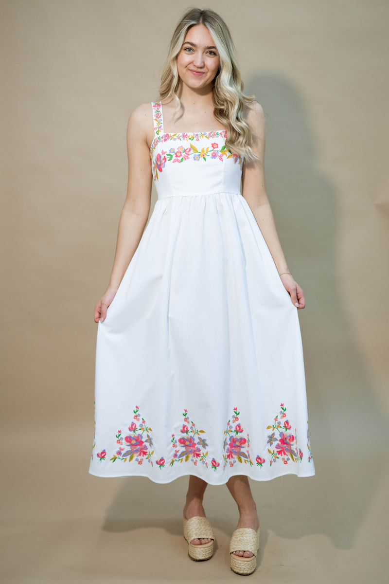 White embroidered floral midi dress