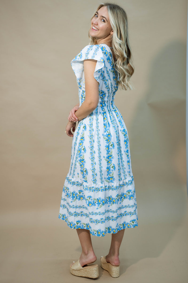 Flutter sleeve cottagecore blue midi dress