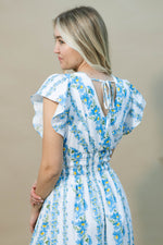 Tie-back blue daisy print midi dress