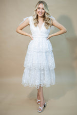 White embroidered tiered midi dress