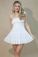 White eyelet mini dress with ruffle tiers for spring break