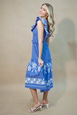 Smocked waist blue embroidered pocket dress