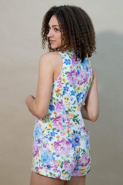 Button-front spring romper with pockets