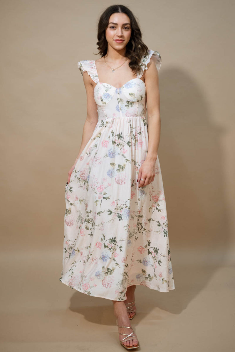 Cottagecore floral maxi dress spring wedding guest outfit