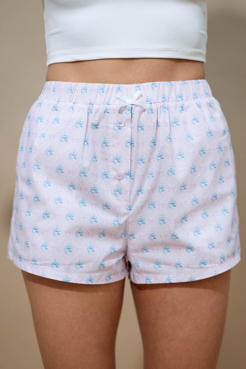 Pink floral bow print cotton shorts