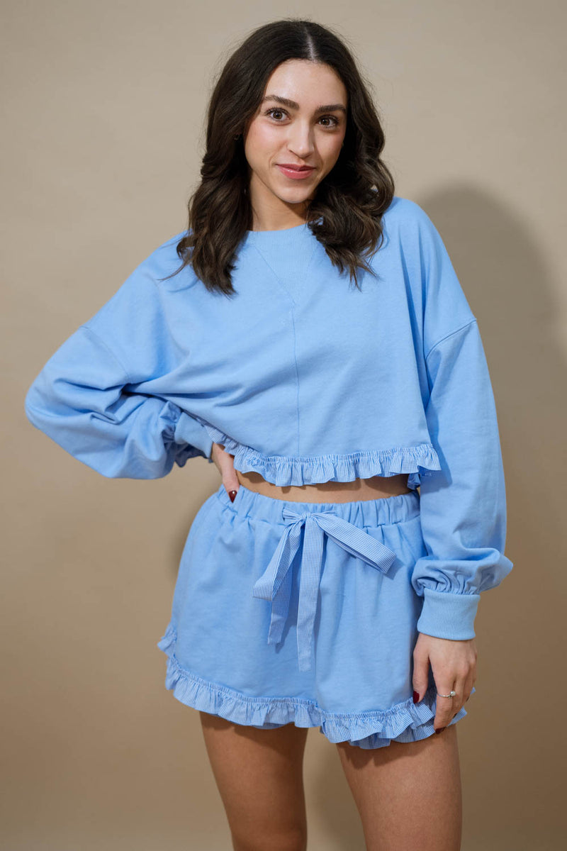 Sky blue ruffle loungewear set with gingham trim