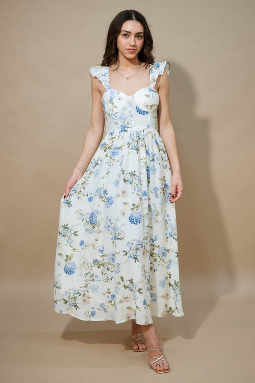 Blue floral maxi dress spring wedding guest outfit