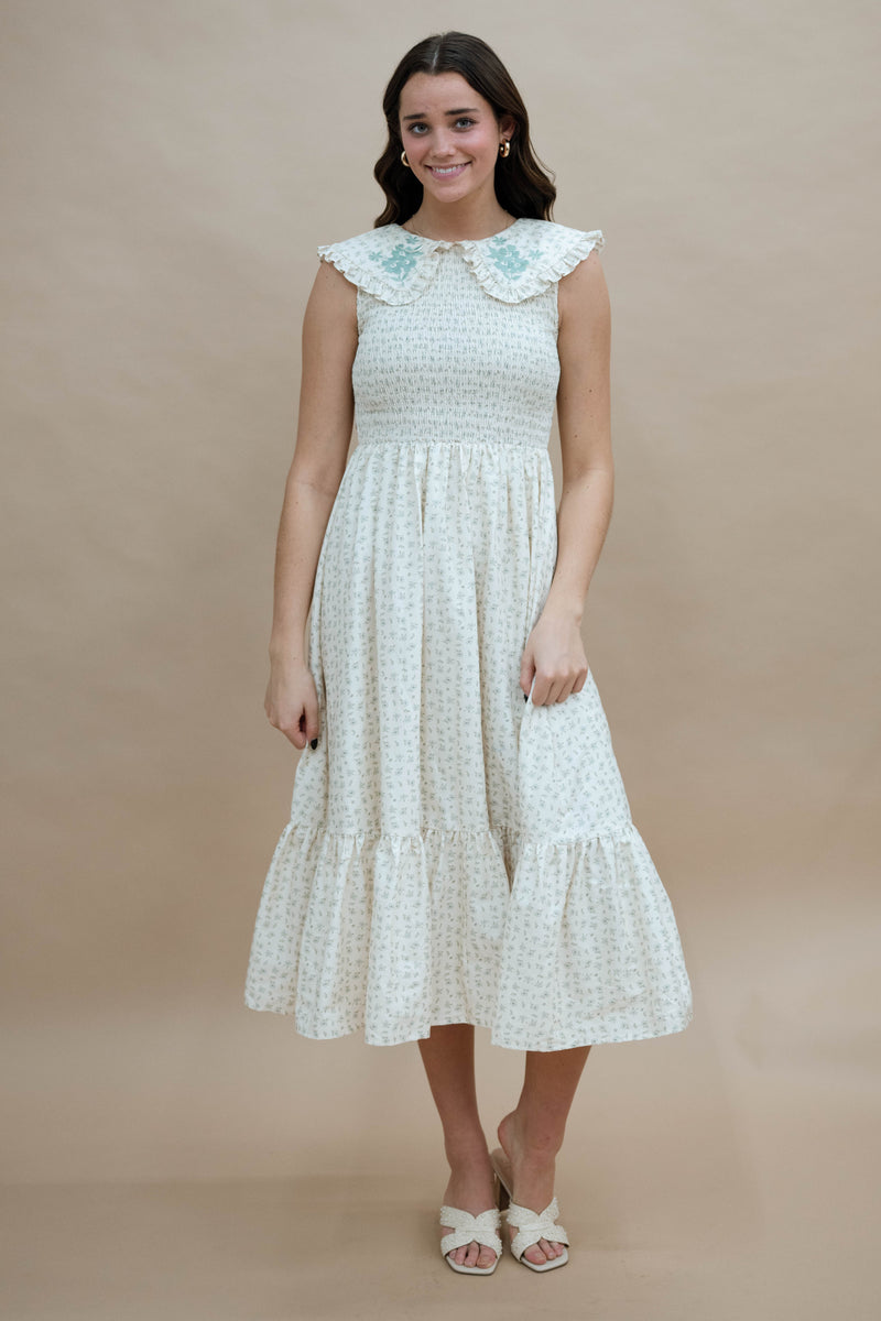 Cottage aesthetic collared midi dress with smocking