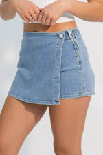 Light blue denim wrap skort