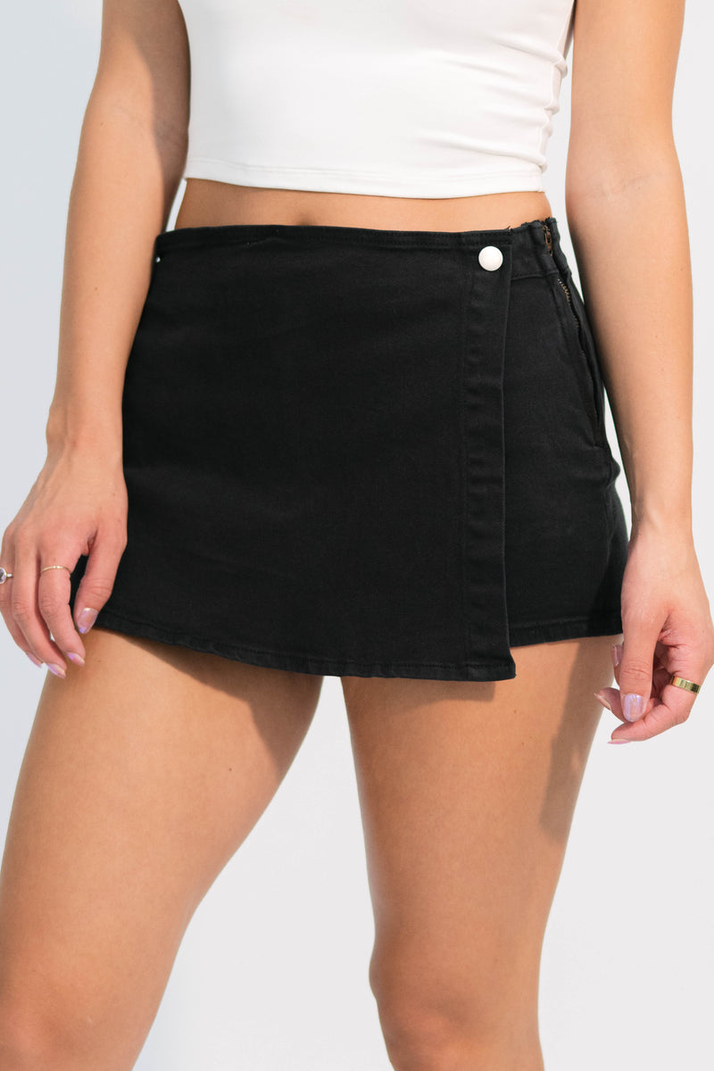 Black denim wrap skort