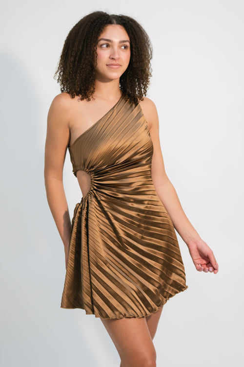 brown satin ruched party dress