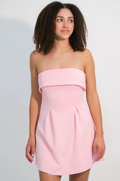 pink strapless mini dress