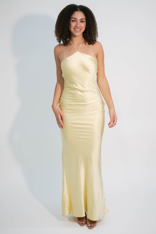 butter yellow satin halter maxi dress