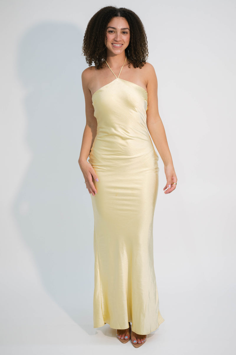 butter yellow satin halter maxi dress