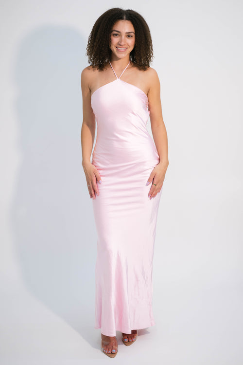 pink satin halter maxi dress