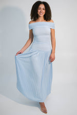 off shoulder pleated maxi dress wedding guest dress