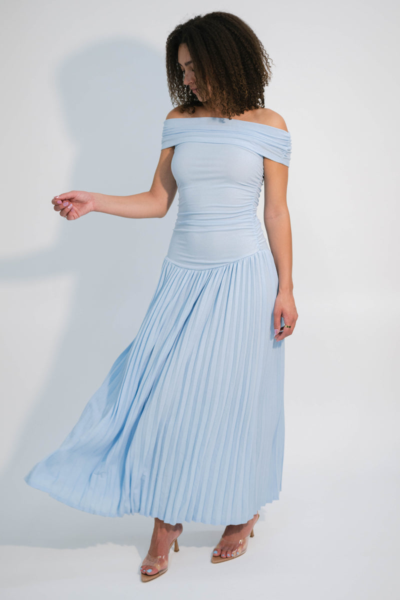 off shoulder pleated maxi dress