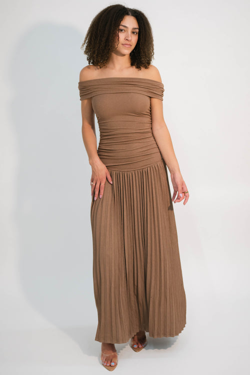 brown off shoulder maxi dress for maternity shoot