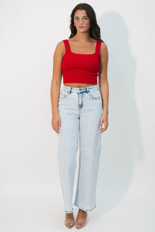 High waisted embellished denim