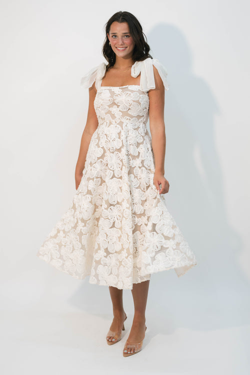 White 3D lace midi dress tie straps