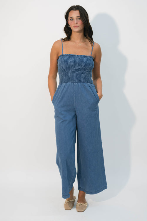 Wide leg denim jumpsuit