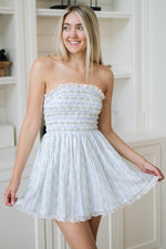 Blue floral mini dress smocked bodice