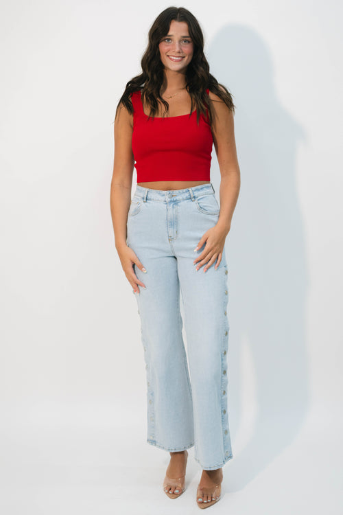 Wide leg jeans snap buttons