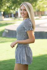Black plaid dress smocked waist