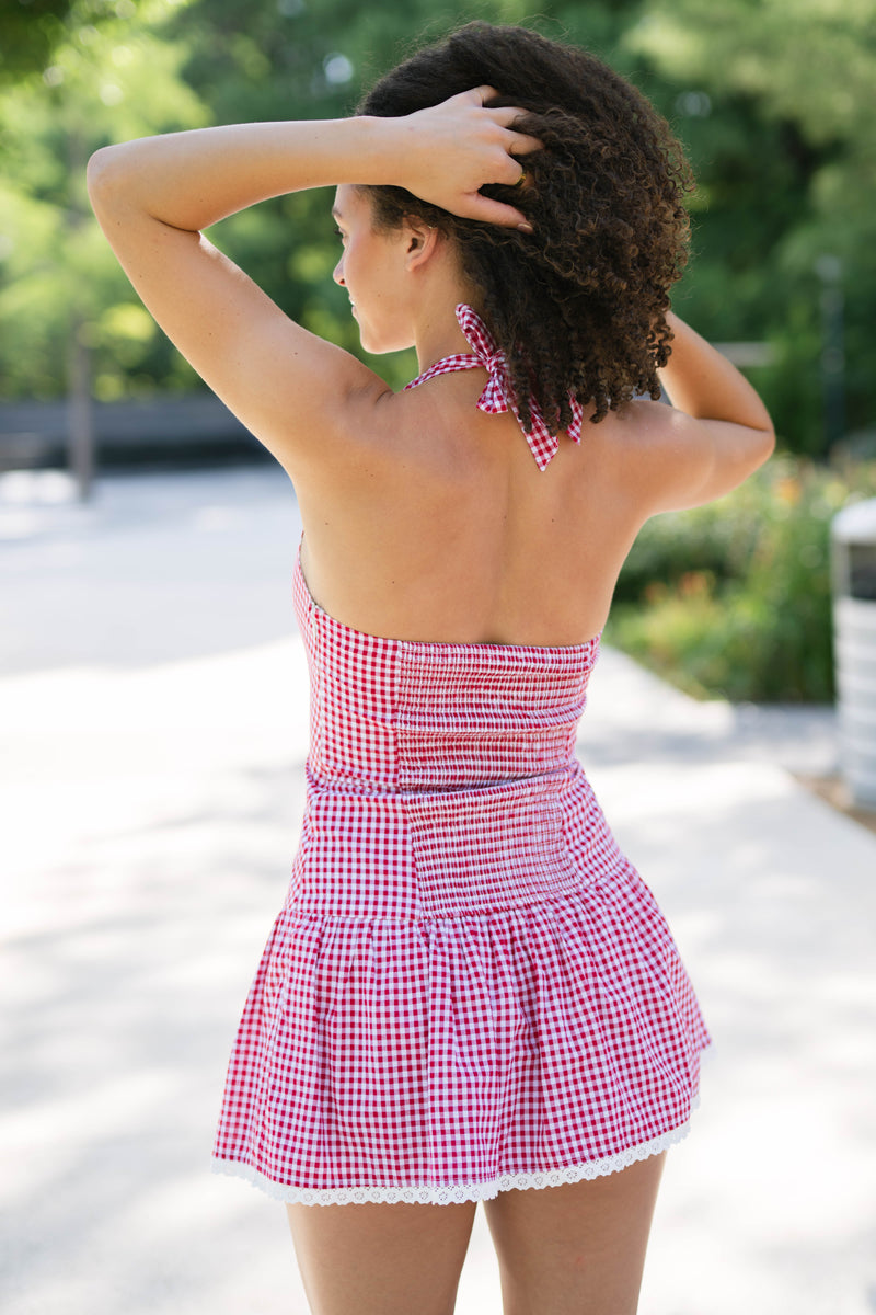Checkered halter dress with lace trim