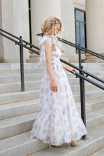 lavender tulle bow shoulder strap long floral dress