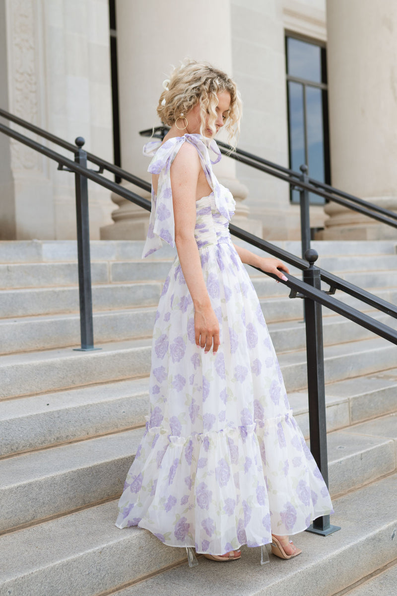 lavender tulle bow shoulder strap long floral dress