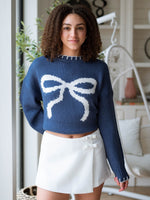 Bow Stitched Hem Sweater - Blue