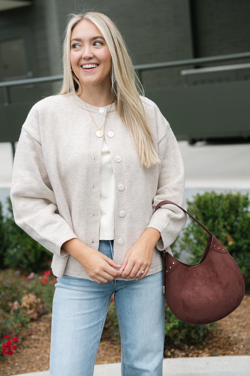 trendy beige knit cardigan fall 2025