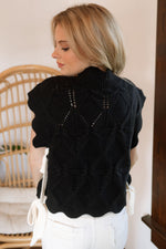 scolloped knit vest, black sweater vest, womens sweater vest, woman black bow sweaters 