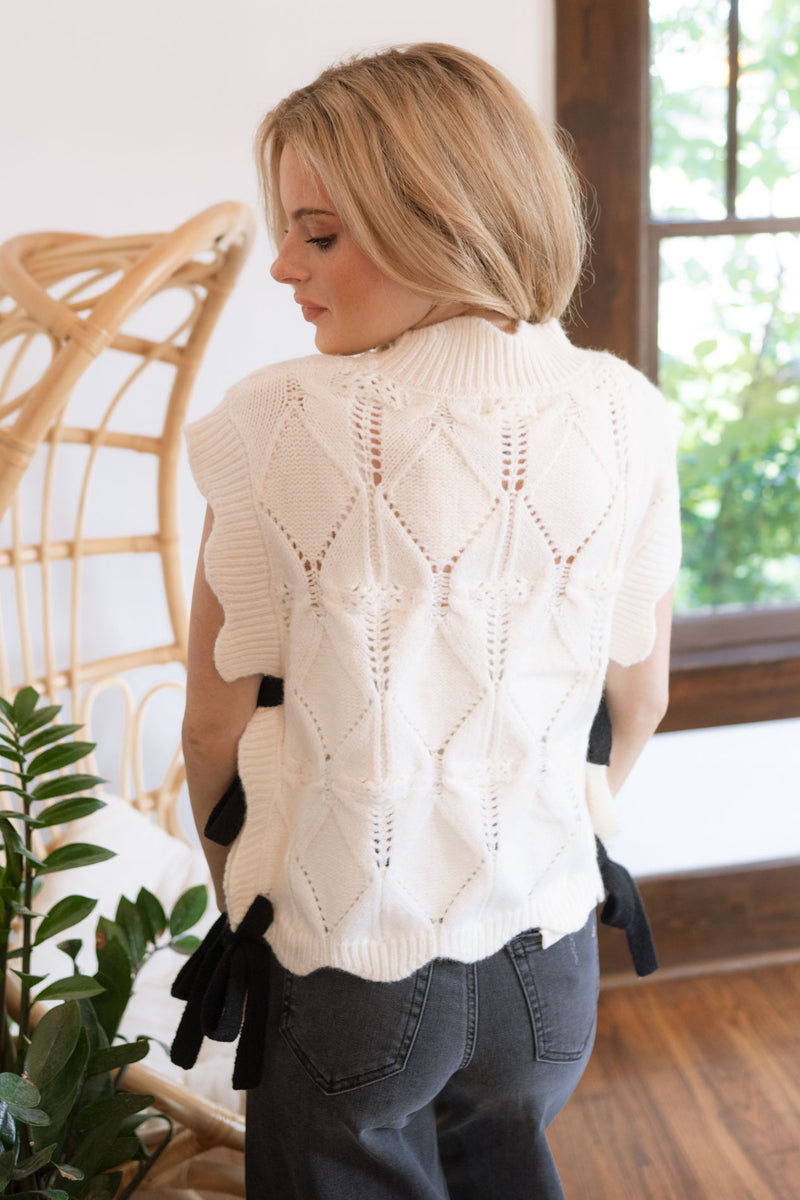 knit sweaters, cream knit scalloped knit vest 