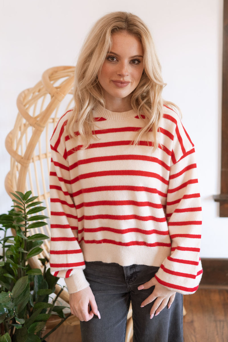 Red striped sweaters, red knit sweater, striped sweaters 