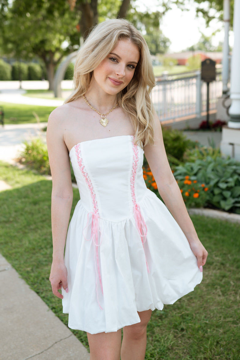 cute bow dress, womens bubble dress, womans lace white dress 