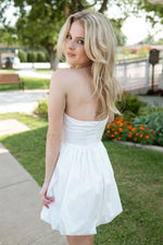 strapless bubble dress, strapless white dress, strapless lace dress