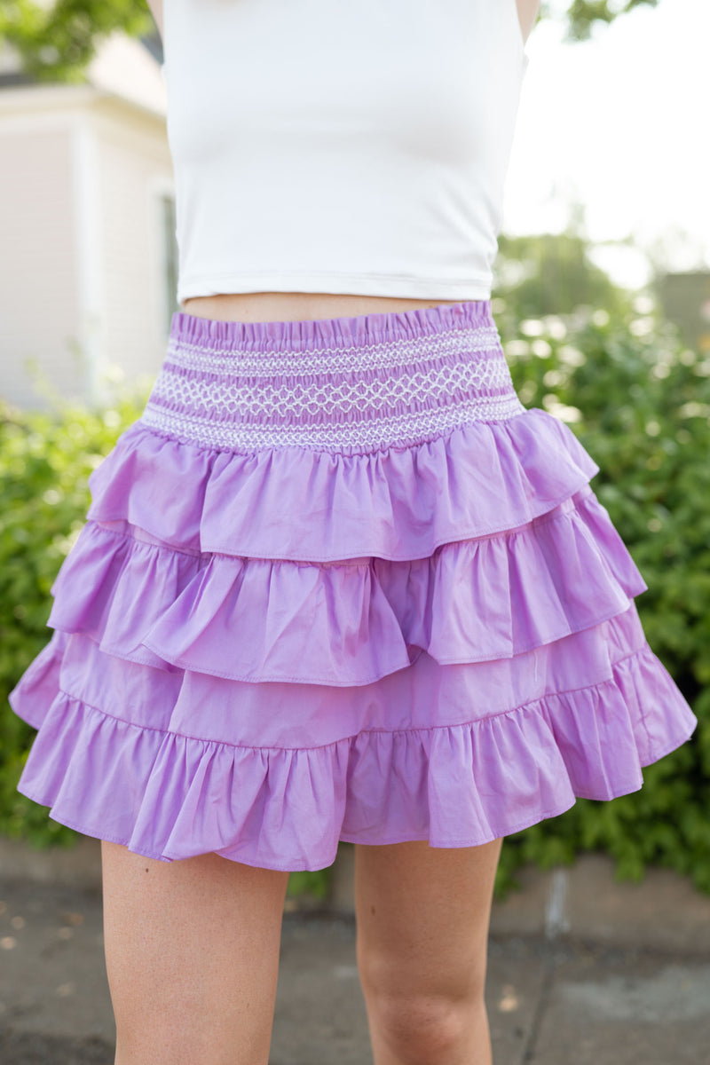 light purple lilac lavender mini skirt skort with tiered ruffles 