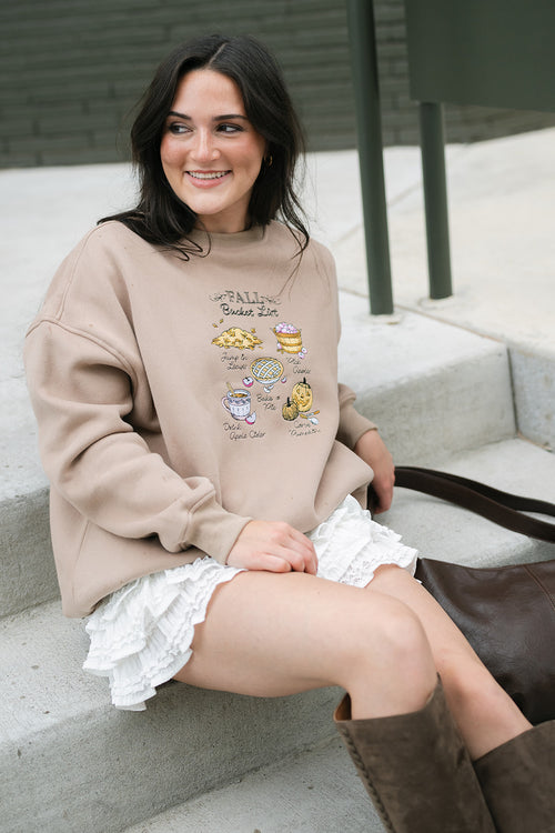 Fall bucket list embroidered sweatshirt cappuccino