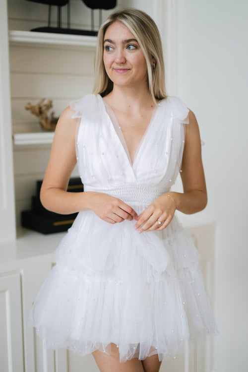 pearl embellished mini dress white